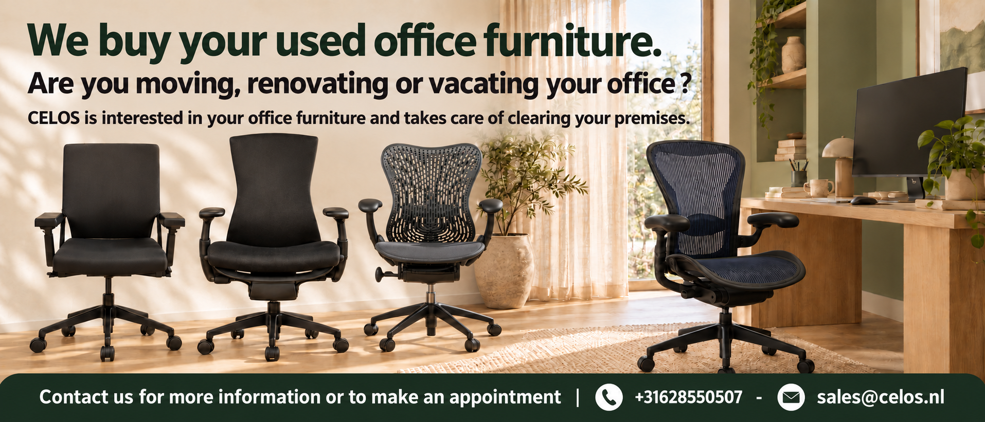 CELOS buys used office furniture and takes care of clearing your premises. Contact us for more information or to make an appointment: +31 6 28550507, sales@celos.nl.